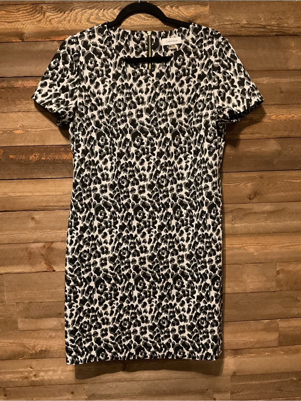 Calvin Klein Short Sleeve Shift Dress Black And Gray Leopard Print Women’s 14